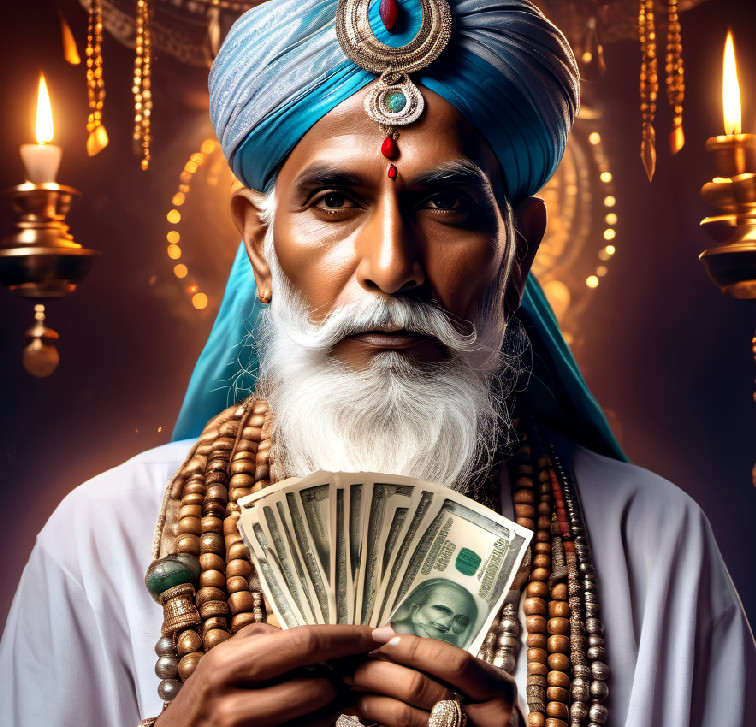 Indian mystical guru holding wad of cash